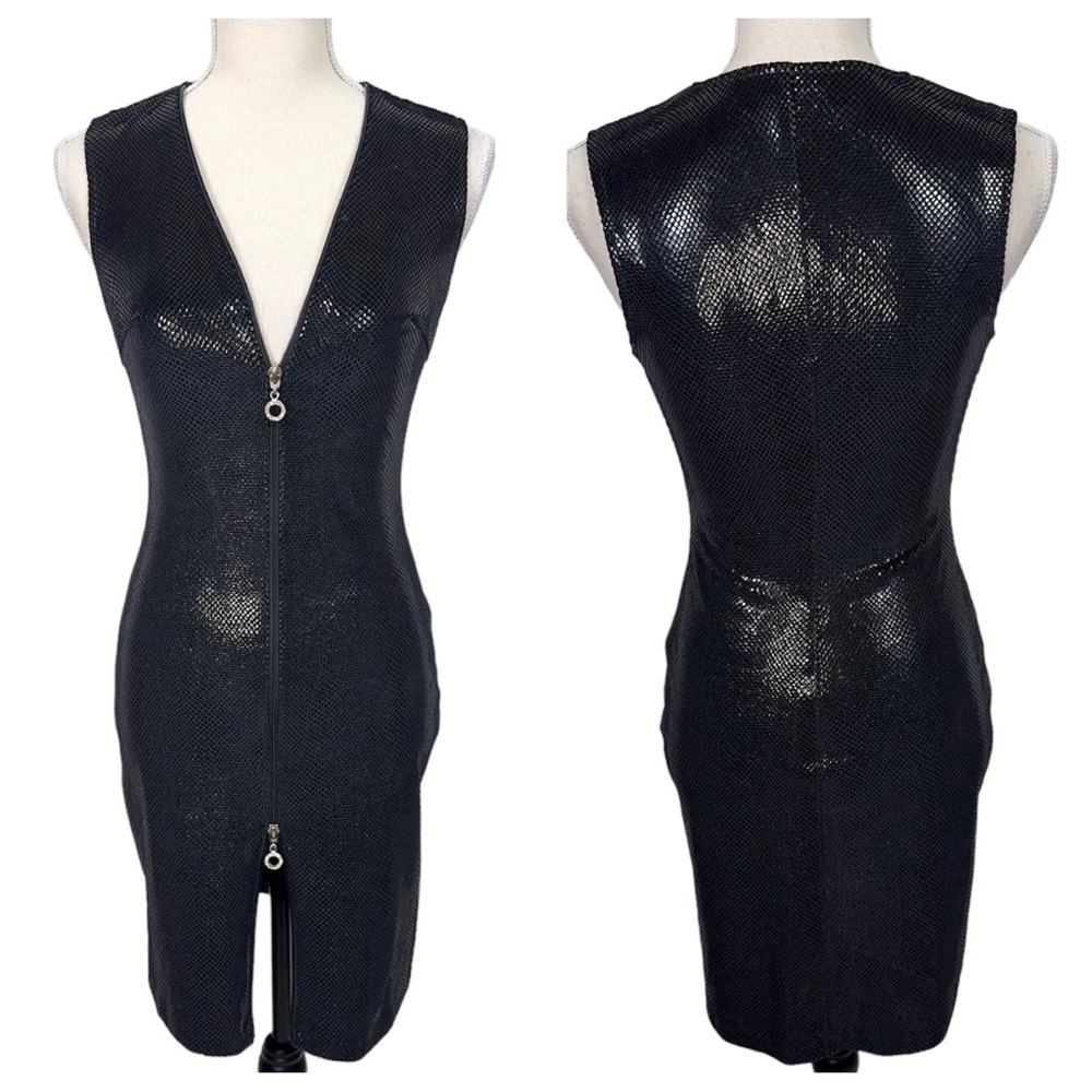 Vintage Cache Wet Look Bodycon Dress XS Full Zip Animal Print Festival Rave
